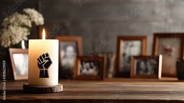 Obraz A lit candle with a raised fist symbol amidst framed photographs