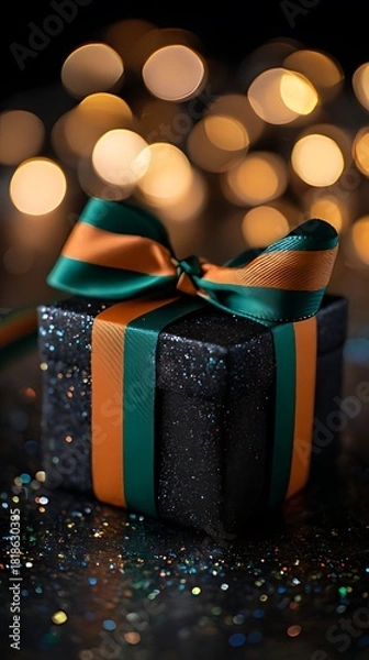 Fototapeta A dark gift box with orange and green ribbons against a blurred bokeh background