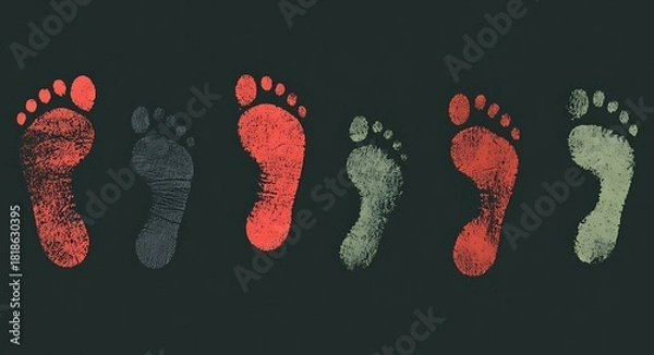 Fototapeta A series of textured footprints in various colors against a dark background