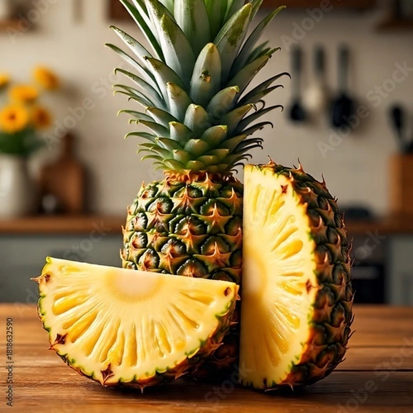 Obraz Whole pineapple with freshly cut slices on wooden kitchen table