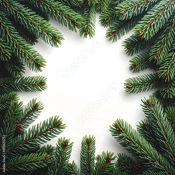 Obraz Fresh green fir branches arranged in a circular frame around a white center, creating a festive winter or Christmas background.