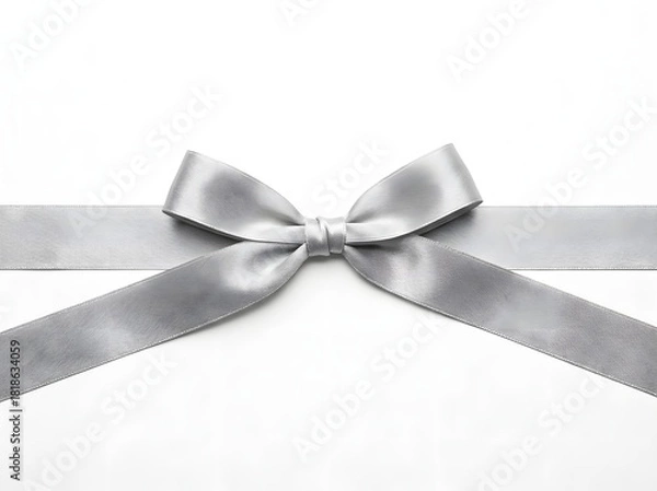Fototapeta A silver satin ribbon is tied in a bow, positioned diagonally across a plain white background.