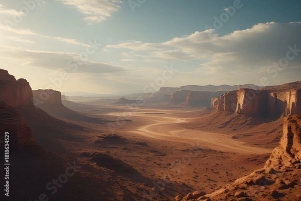 Fototapeta Cinematic Desert Landscape with Red Rock Formations and Dramatic Lighting