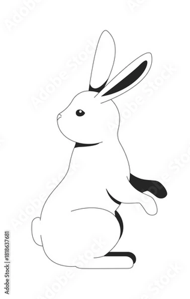 Obraz Side view of cute rabbit 2D line character. Fluffy bunny standing alert. Herbivore pet. Wildlife. Small mammal. Adorable creature isolated vector ink outline animal. Monochromatic spot illustration