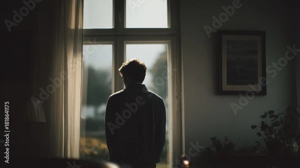Fototapeta Man standing alone in empty apartment staring at framed photo, heavy silence representing deepest sorrow after losing life partner, perfect for mourning, sadness, and emotional impact concept.
