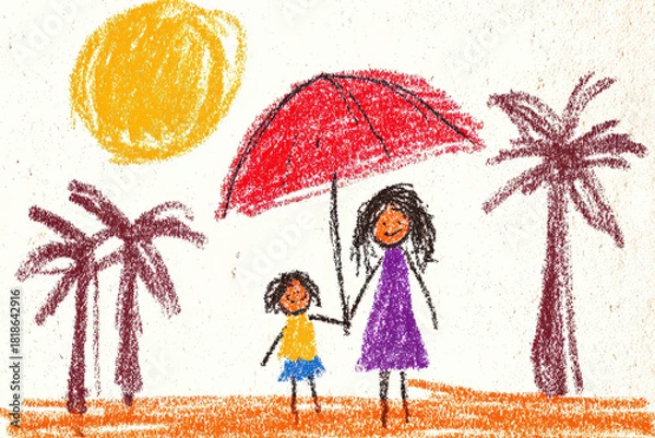 Fototapeta Colorful crayon illustration of a mother and child under a red umbrella with palm trees and sun
