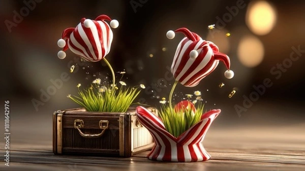 Fototapeta Two whimsical flowers with jester hats bloom from a vintage suitcase and a striped hat, surrounded by grass and small white flowers. The background features sof