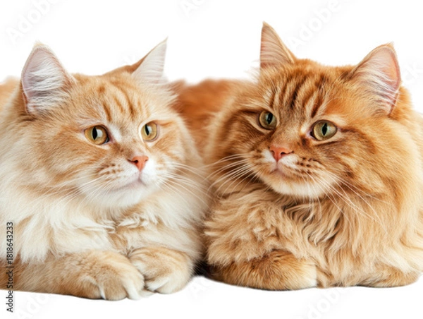 Obraz Two Majestic Ginger Cats with Fluffy Fur and Striking Green Eyes Posed Together on a Black Background