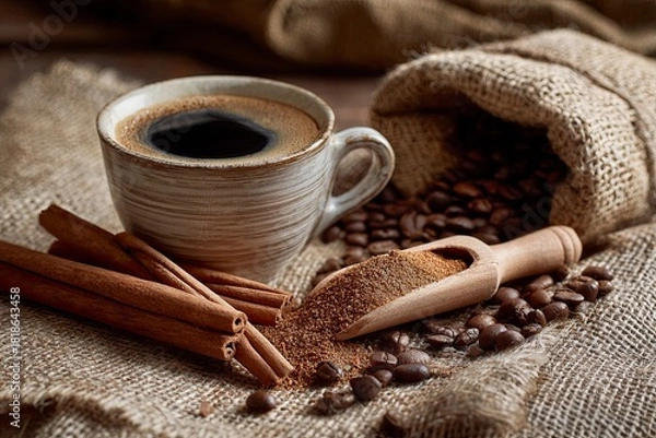 Fototapeta Warm Coffee Cup with Cinnamon Sticks and Coffee Beans on Burlap Background