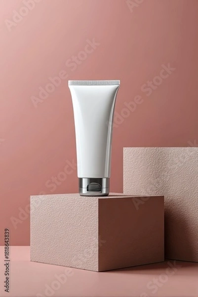 Fototapeta White Cosmetic Tube Standing on Pink Geometric Blocks in Minimalist Studio