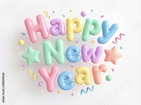 Fototapeta Happy New Year Pastel Color Inflatable 3D Letters and Confetti