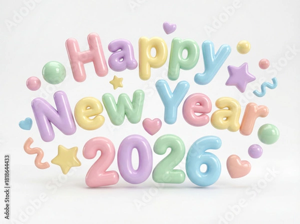 Fototapeta Happy New Year 2026 Greeting Pastel Inflatable 3D Letters and Shapes