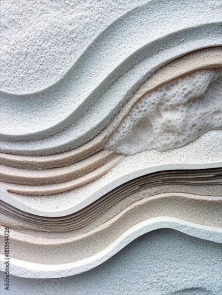 Fototapeta Close-up view of layered sand dunes with a texture resembling ocean foam, creating a serene and abstract seascape.
