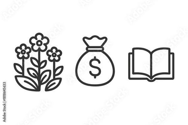Fototapeta Three essential line icons representing nature, finance, and education concepts
