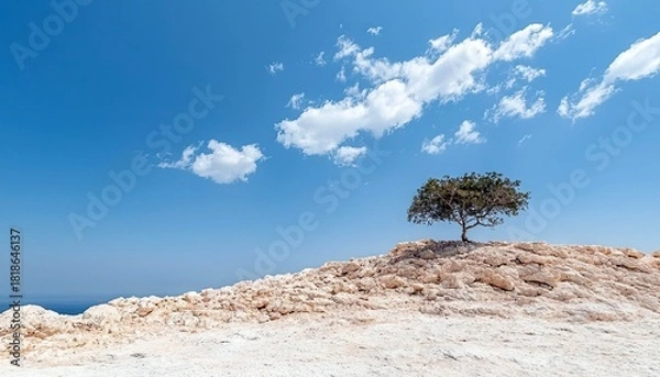 Fototapeta A solitary tree stands on a rocky, sun-drenched hill against a vibrant blue sky dotted with white clouds. The scene evokes a sense of isolation and natural beau