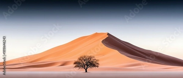 Fototapeta A solitary, bare tree stands in the foreground of a vast desert landscape with large sand dunes under a gradient sky at sunset.