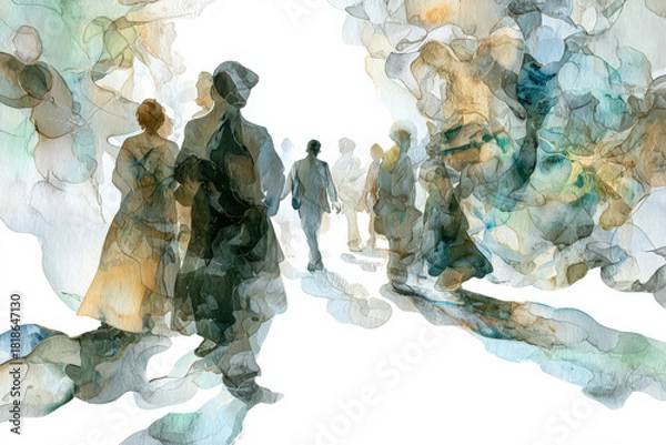 Fototapeta Abstract watercolor illustration of people walking in a vibrant, colorful environment with soft shadows