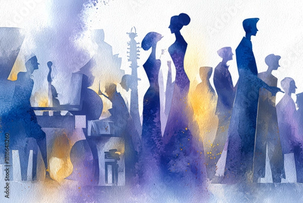 Obraz Elegant watercolor illustration of people in formal attire at a social gathering with vibrant colors