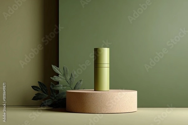 Fototapeta Minimalist Green Skincare Bottle on Round Stone Platform with Green Background