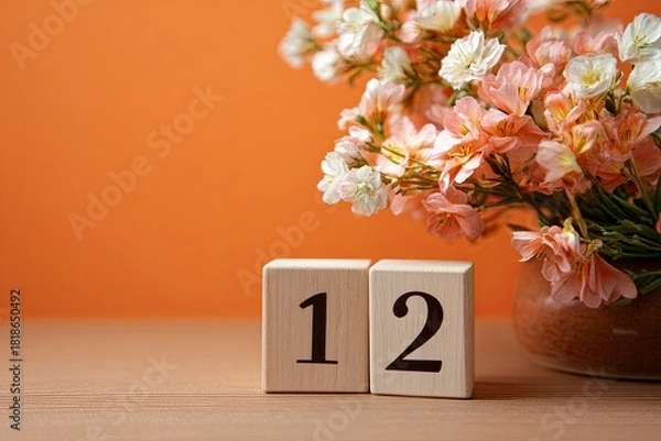 Fototapeta Pink and White Flower Bouquet with Wooden Number Blocks Twelve on Wooden Surface