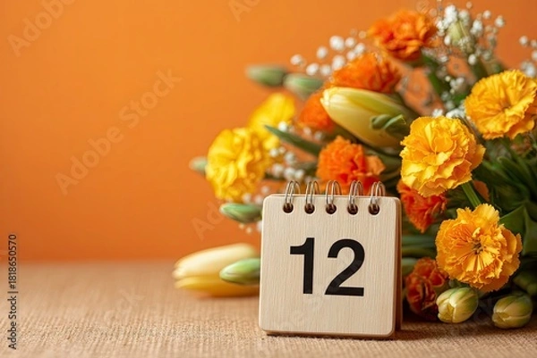 Fototapeta Colorful Flower Arrangement with Calendar Displaying Twelve for Floral Event or Date Celebration