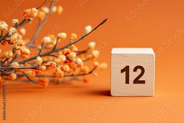 Fototapeta Decorative Wooden Calendar Block with Number Twelve and Blooming Branch on Warm Orange Background
