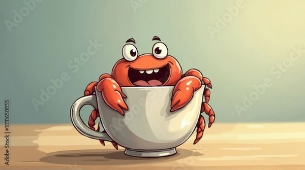 Fototapeta Cartoon Crab Sitting in White Coffee Cup on Wooden Surface with Happy Expression