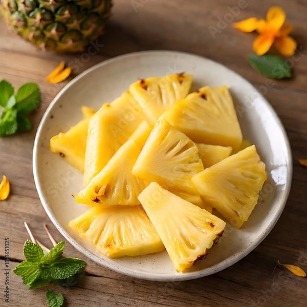 Obraz Sliced fresh pineapple with mint leaves and flowers on a plate