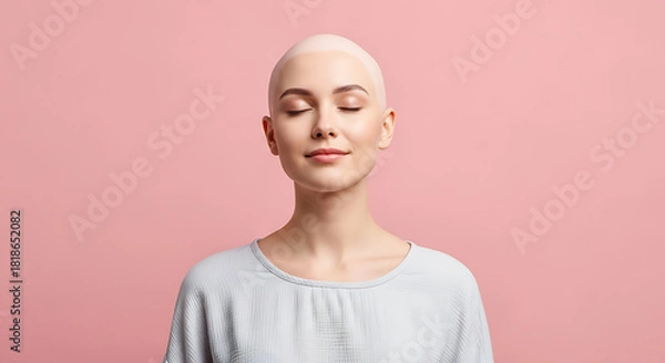 Obraz Caucasian young adult woman with alopecia standing with eyes closed against soft pink background, conveying calm self-acceptance, inner strength, and natural confidence