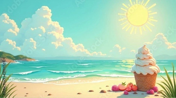 Fototapeta Colorful Cartoon Beach Scene with Ice Cream and Fruits Under Bright Sun