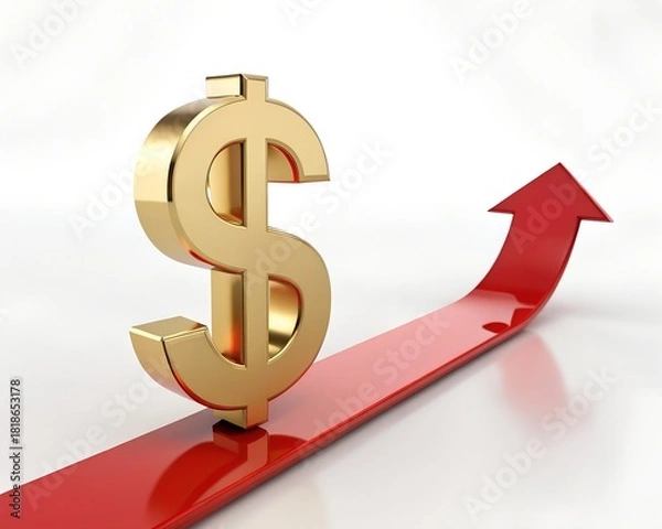 Fototapeta Golden dollar sign soaring high on a dynamic upward trending arrow for financial success and investment growth in a vibrant economy