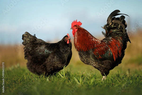 Obraz a black chicken and a rooster standing on grass in summer