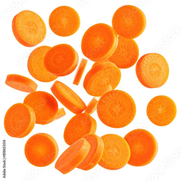 Obraz slices of carrot vegetables falling isolated on white or transparent