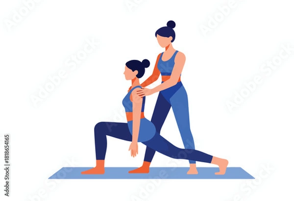 Fototapeta Two women practice yoga. One assists the other in a lunge on a mat, wearing athletic wear