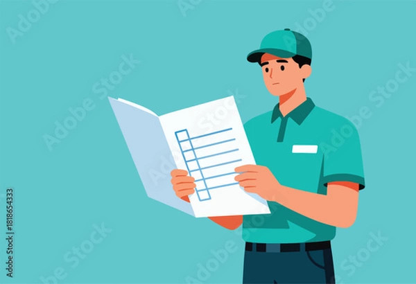 Fototapeta A man in teal cap and shirt studies a checklist, standing before a blue backdrop