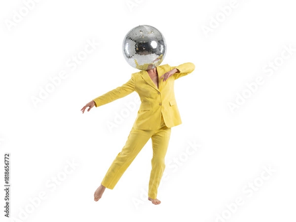 Obraz Person with disco ball head in yellow suit isolated PNG, surreal and fun concept for party or celebration design on transparent background