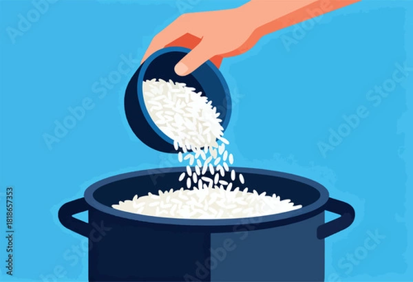 Obraz A hand pouring rice from a bowl into a pot. Illustration features a blue color scheme