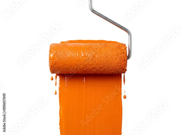 Fototapeta Orange paint roller with dripping paint isolated PNG, painting tool for home improvement and renovation projects on transparent background