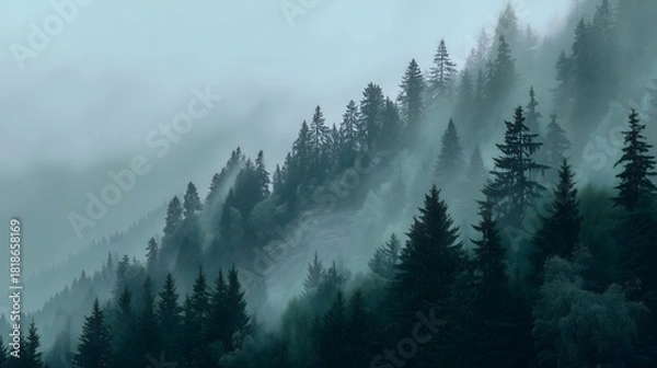Obraz Misty mountain forest landscape with evergreen trees shrouded in fog, creating a serene and atmospheric scene.