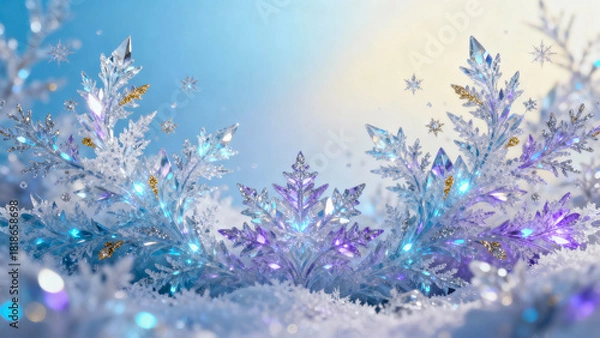 Fototapeta Shimmering crystal snowflakes glow with blue and violet light in a dreamy winter landscape, sparkling with icy detail and golden accents.