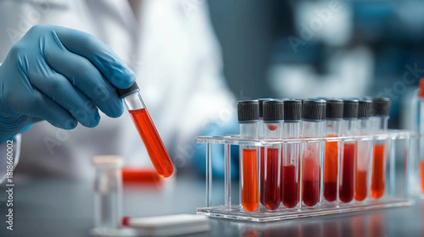 Fototapeta Laboratory technician labeling blood samples for flu testing, professional environment