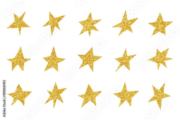 Fototapeta Golden glitter stars isolated on transparent background perfect for confetti decoration, wedding and event designs