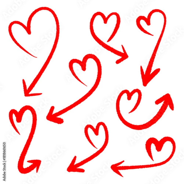 Fototapeta Handdrawn red heart arrows pointing in various directions on a white background conveying love and direction with a playful artistic touch