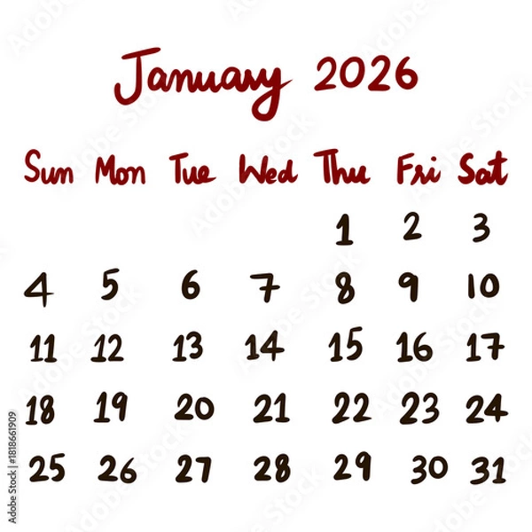 Fototapeta Red and Black January 2026 calendar planner isolated on transparent background, for planning and scheduling events and appointments