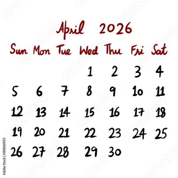 Fototapeta April 2026 calendar planner in red and black handwritten style showing the days of the month for planning and scheduling