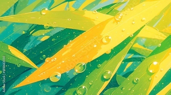 Fototapeta Vibrant green and yellow foliage, lush tropical leaves with texture, ideal for nature themes or background design.