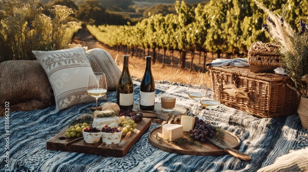Fototapeta Cozy vineyard picnic, bottle of white wine, cheese and grapes on a soft mat with comfortable pillows. Generative AI image