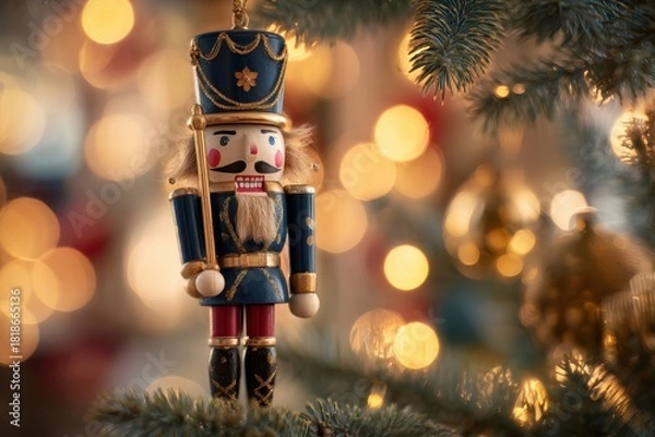 Obraz Wooden nutcracker soldier standing near christmas tree.