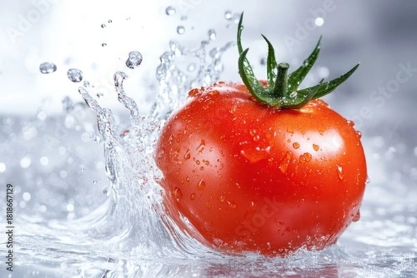 Fototapeta A vibrant red tomato, with a glossy skin and a small green stem, is being splashed with water, creating a dynamic and energetic scene.