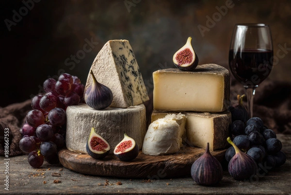 Fototapeta Gourmet plate. Aged cheeses and figs garnished with nuts, perfect for elegant gatherings. Generative AI image
